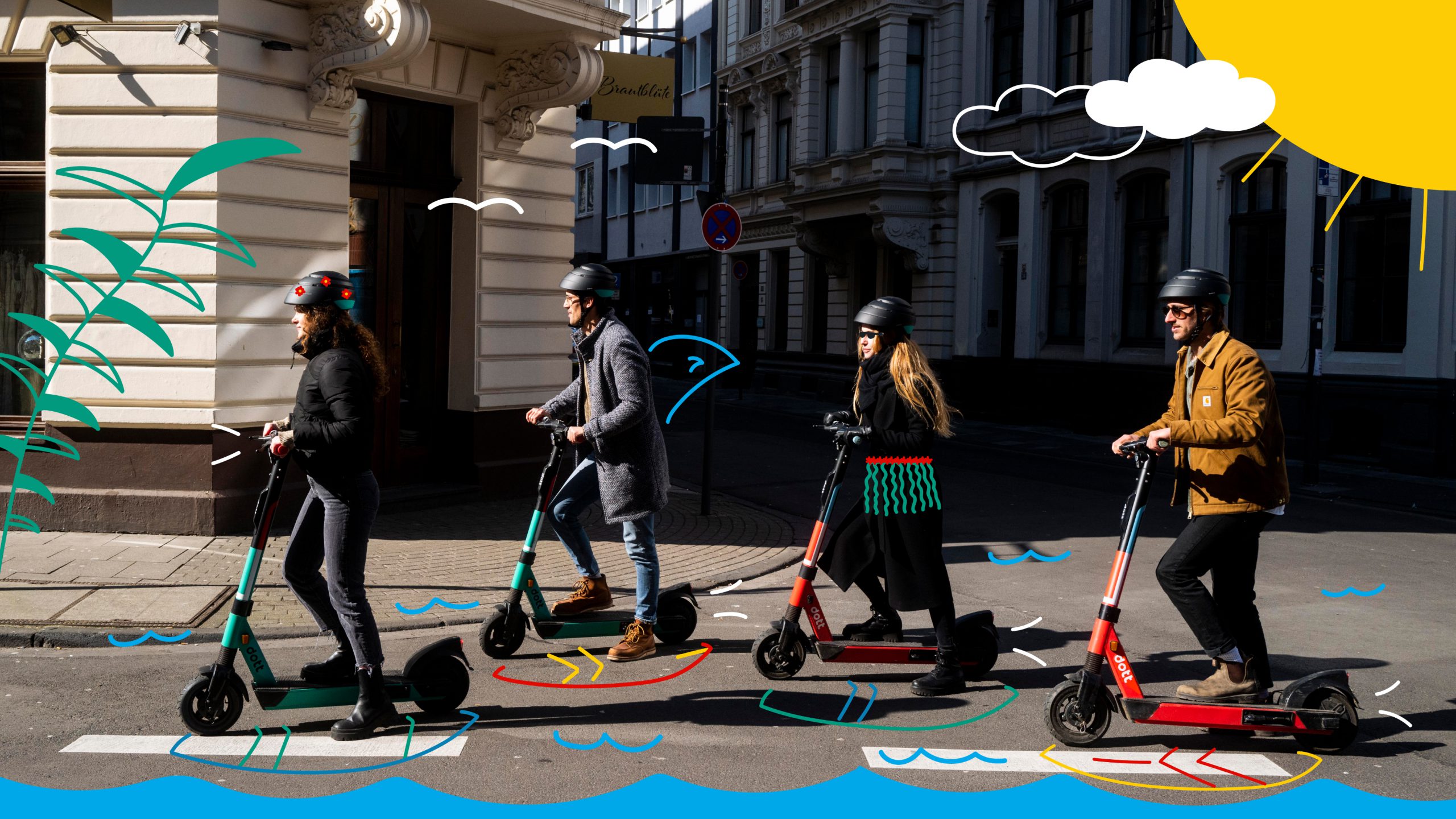 Four young people ride Dotts in a line on a city street. The image has playful, colourful doodles to suggest a seaside vibe, such as surfboards under the e-scooters, waves on the road and flowers in the helmets.