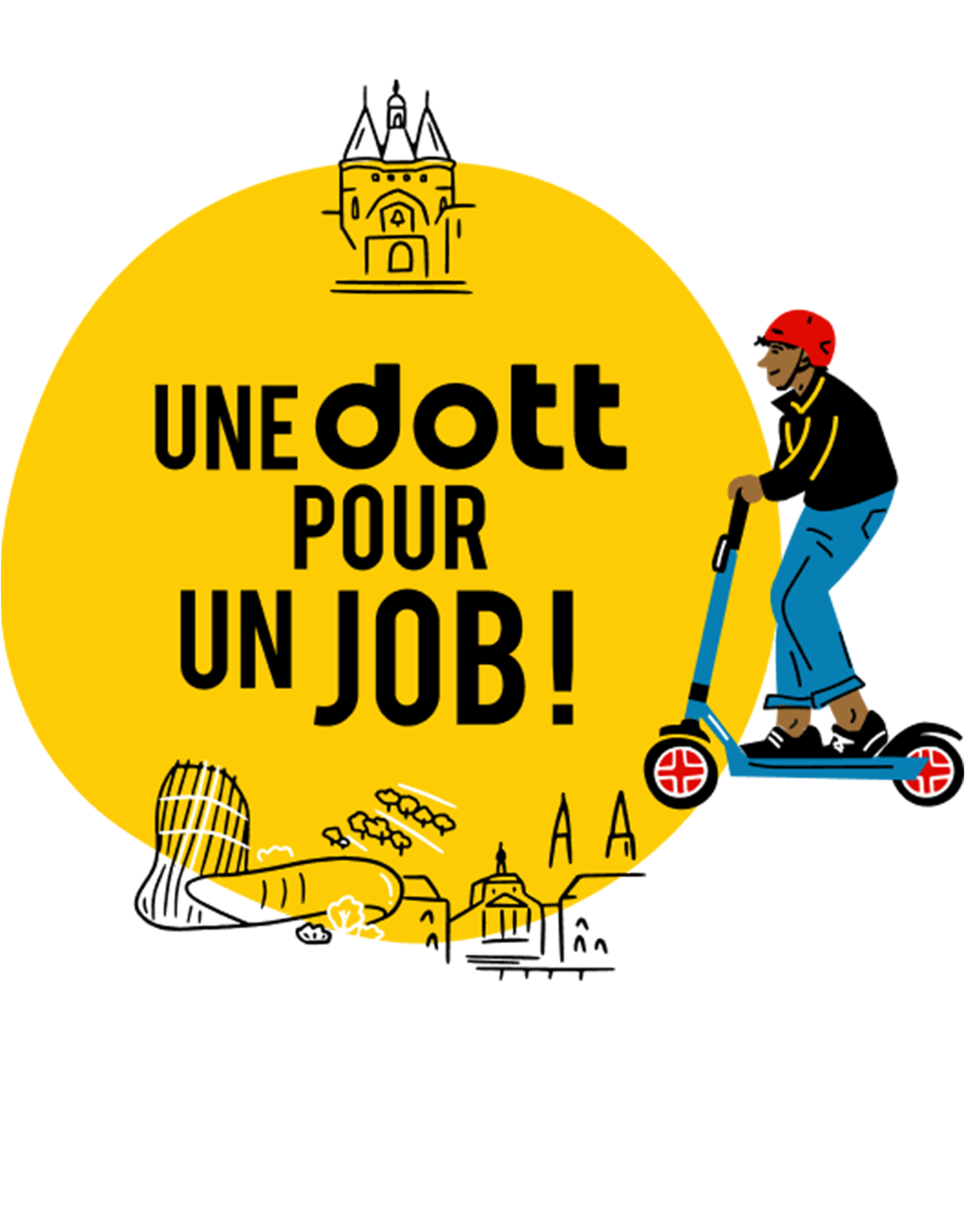 An illustration of Paris landmarks, with a yellow circle behind and a man wearing a helmet and riding a scooter on the right side.
