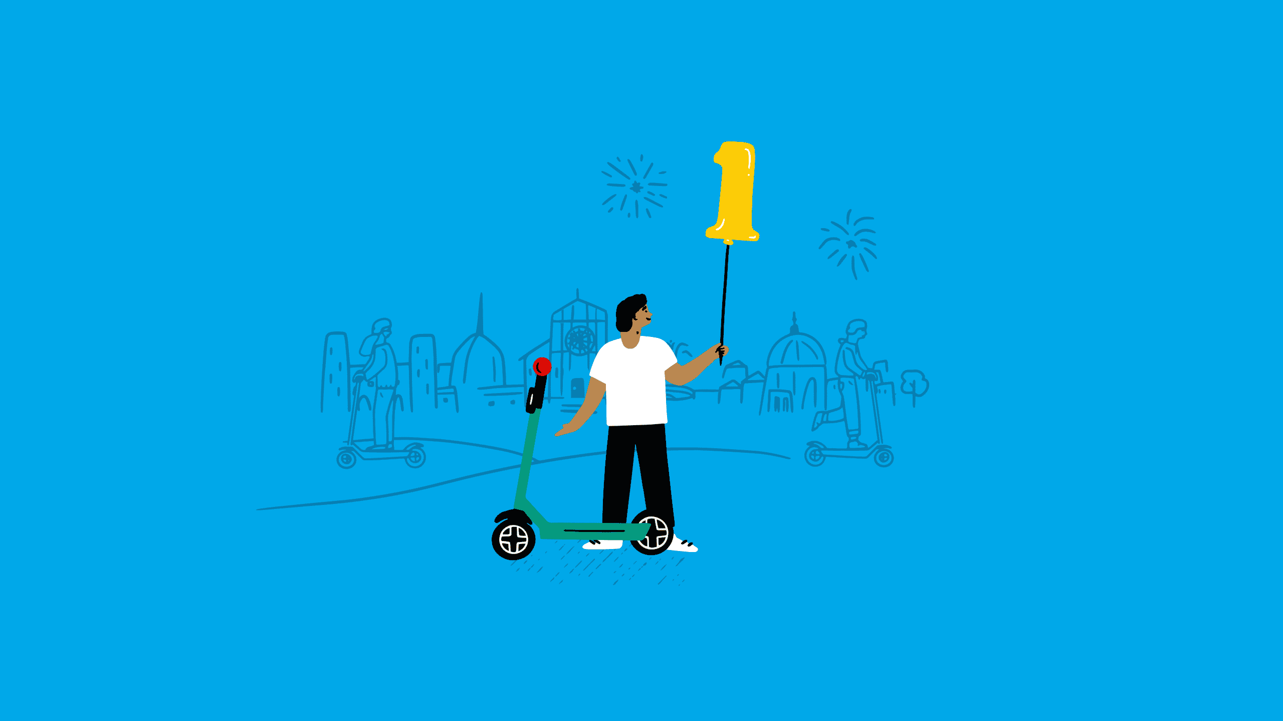 Un'illustrazione di un uomo accanto a uno scooter che tiene un palloncino a forma di "numero uno", sorride. I fuochi d'artificio sono visibili sullo sfondo blu.