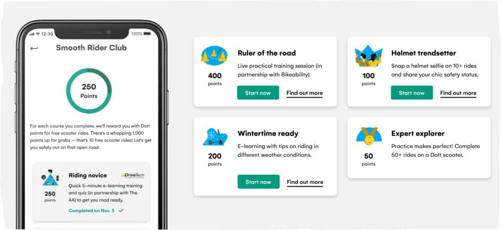 An illustration of different gamified rider road safety education courses within the Dott app.