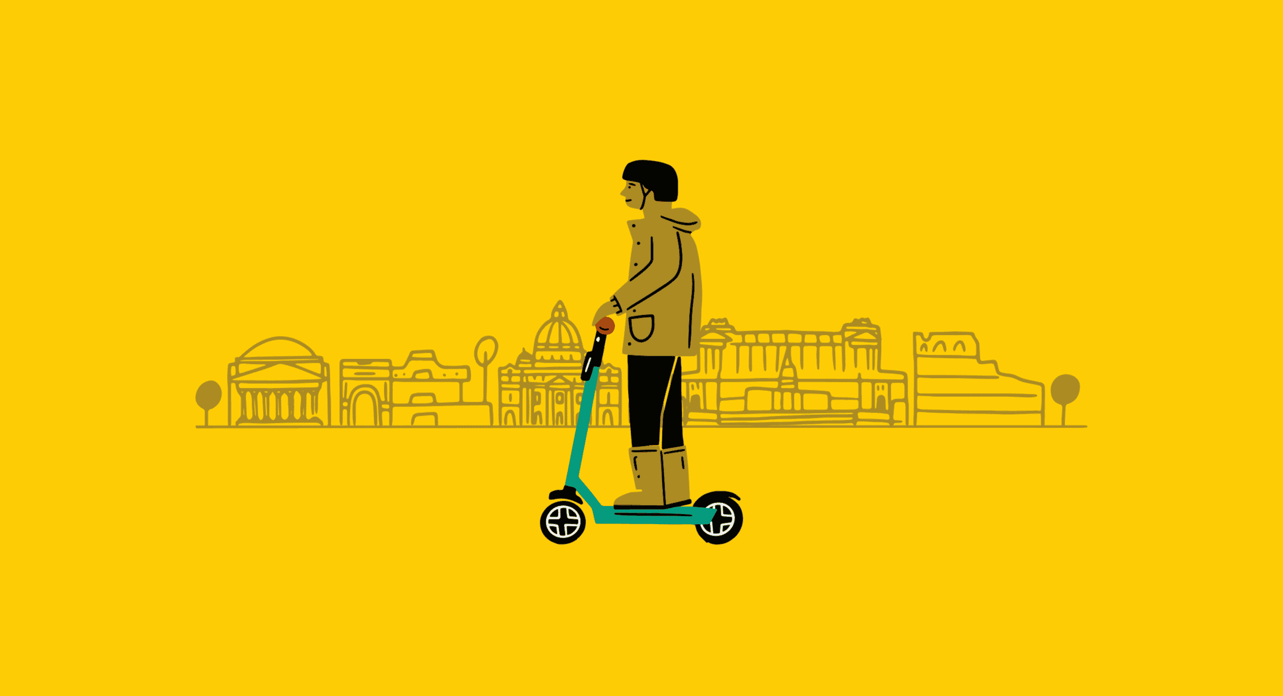Un'illustrazione di un uomo che guida uno scooter Dott con uno sfondo giallo, sorride.