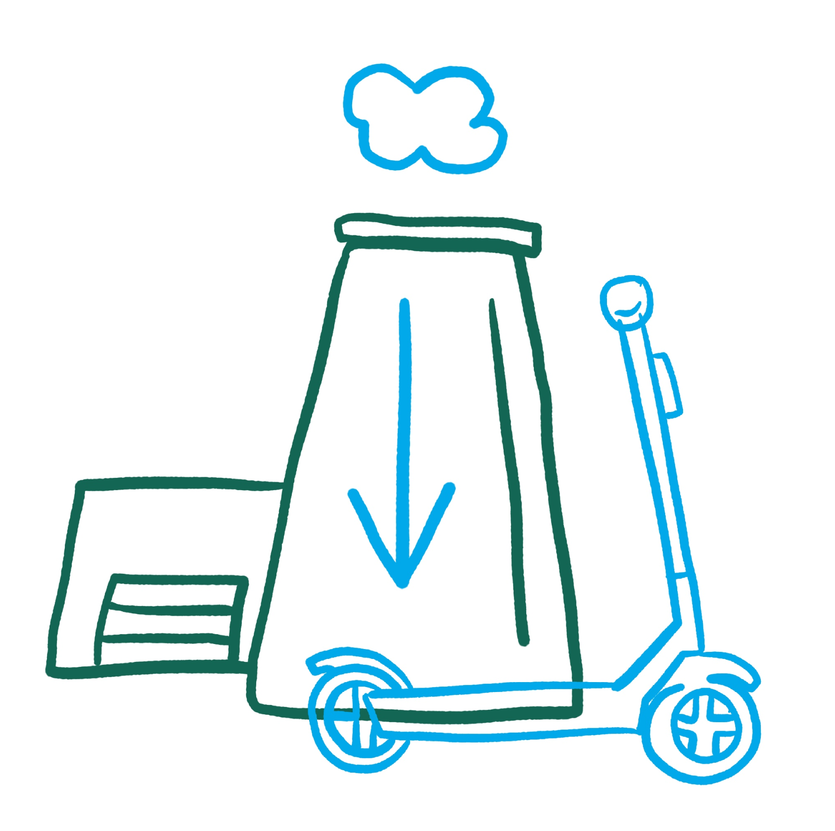 An illustration of an industrial warehouse with an arrow pointing to a blue scooter.