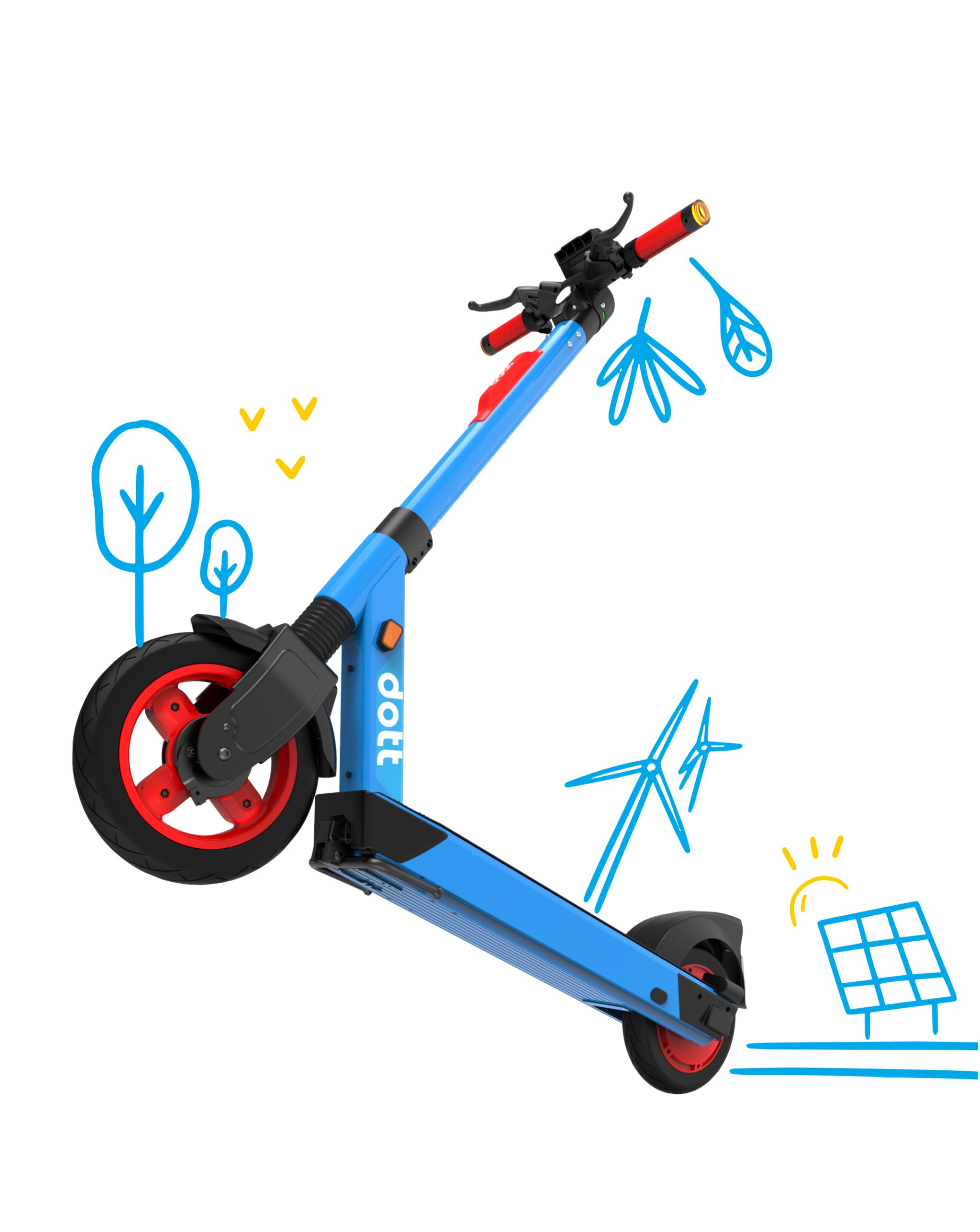 An image of a blue Dott e-scooter, decorated with illustrated windmills, solar panels, and trees.